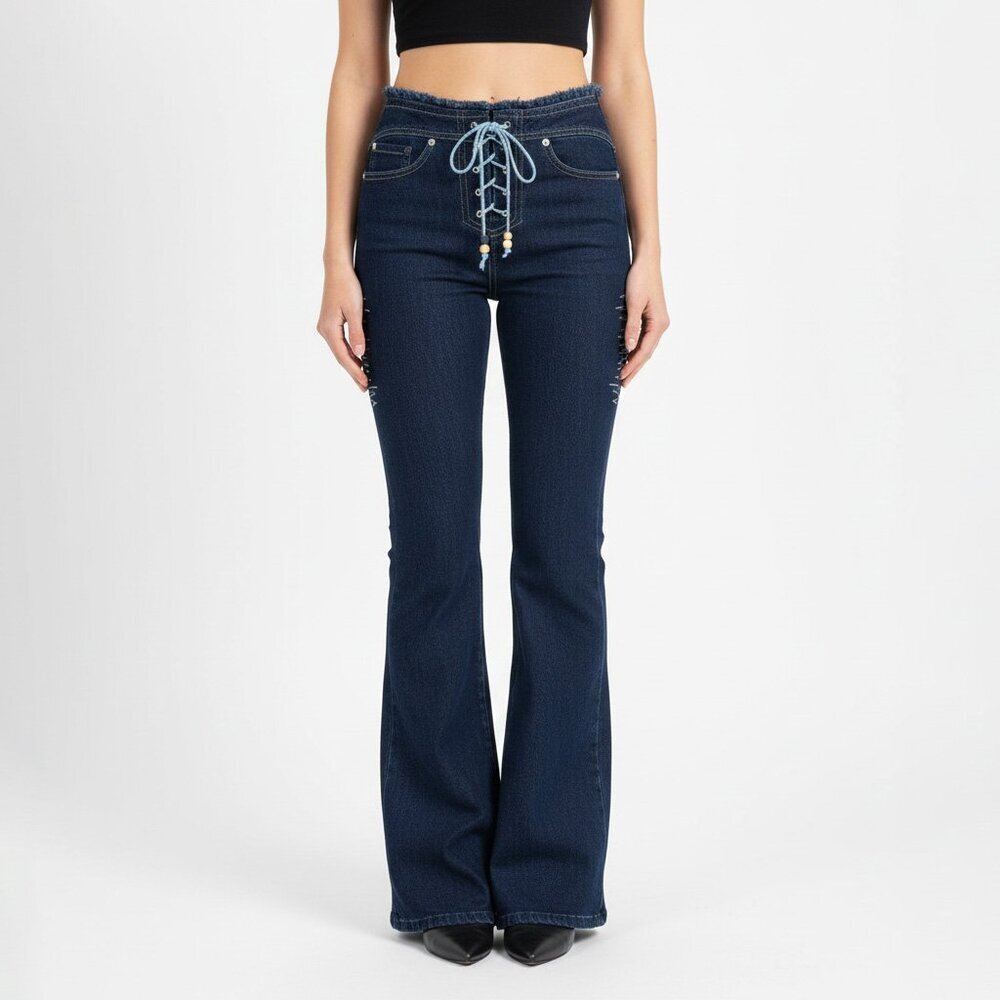 Women's Dark Blue Lace-Up Flare Jeans